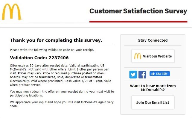 mcdvoice.com validation code